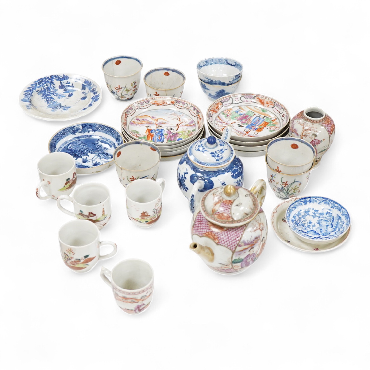 A group of 18th century Chinese export porcelain tea and coffee ware, including Mandarin pattern teapot and cover, two coffee cups and saucers, a blue and white teapot and cover various famille rose coffee cups, etc.